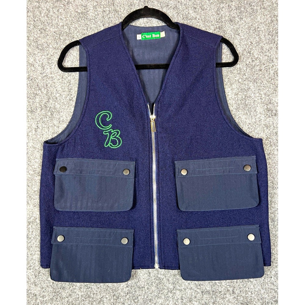 C'est Bon Men's Navy Blue Zip-Up Vest V-Neck Logo Pockets Size S